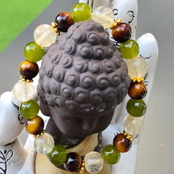 Handmade ✦ Tiger’s Eye Smoky Quartz Green Agate Bracelet ✦ 8mm Gemstone Beads - Picture 7 of 7